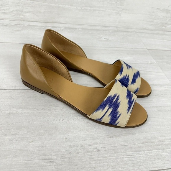 J. Crew Peep Toe Flats Slip On Sandals Women Size‎ 9 Ikat Print Blue Brown - Picture 12 of 12